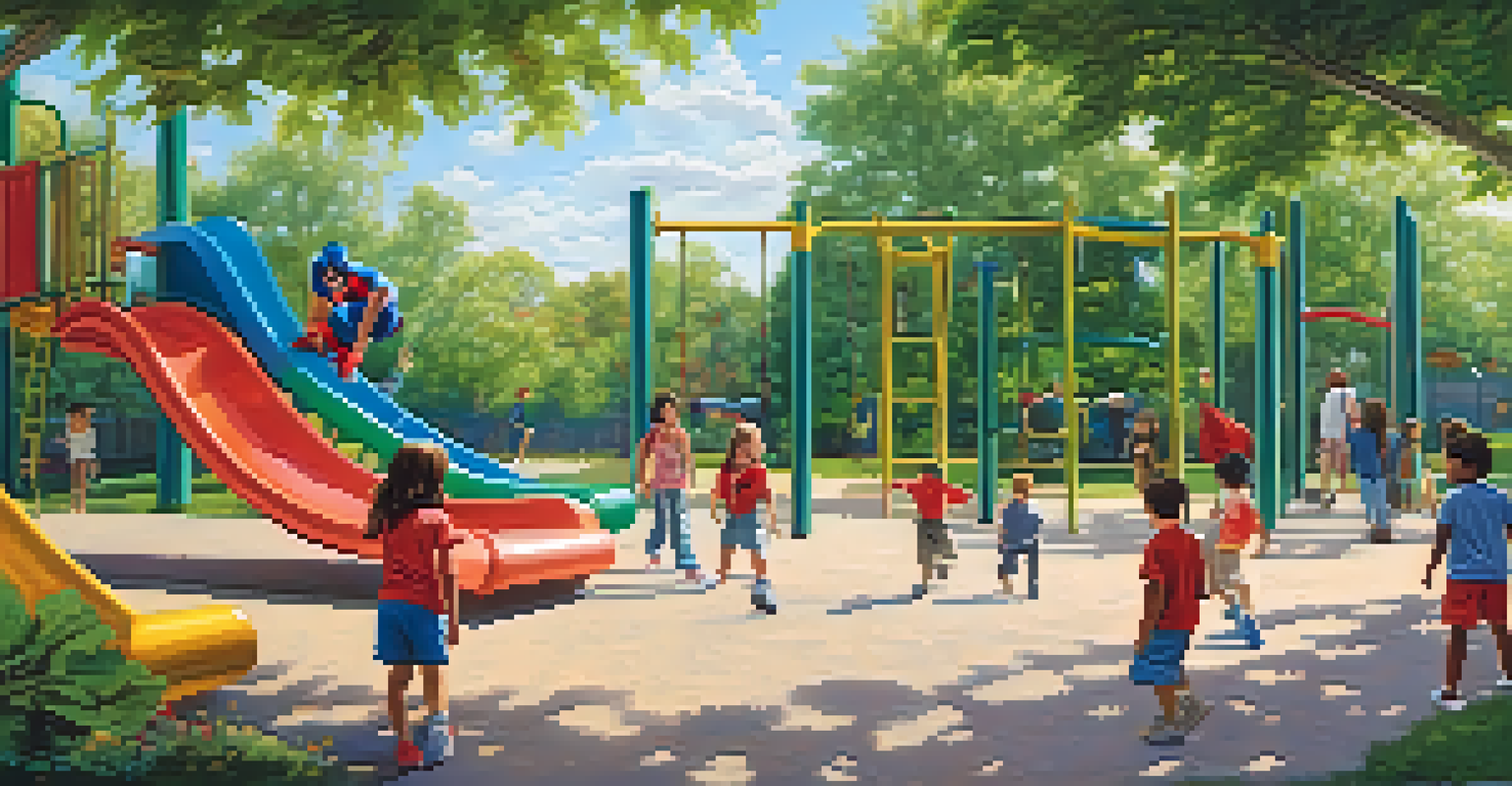 Children playing in a park, one child pretending to be a superhero, surrounded by greenery and colorful playground equipment.