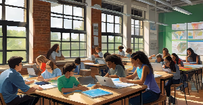 A vibrant classroom with diverse students collaborating on a project, surrounded by educational materials and bright natural lighting.