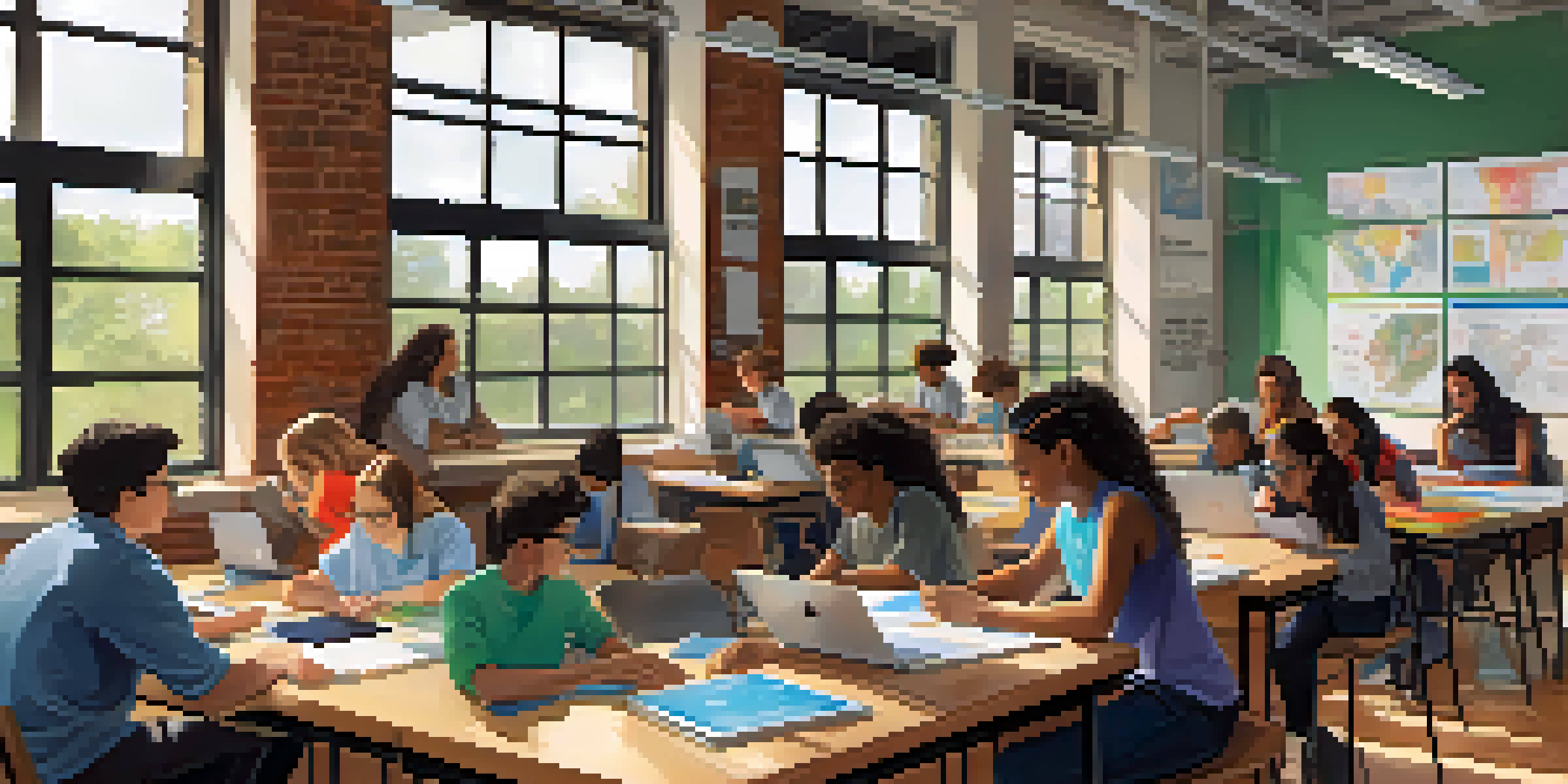 A vibrant classroom with diverse students collaborating on a project, surrounded by educational materials and bright natural lighting.