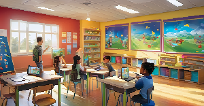A lively classroom where students are actively participating in gamified learning activities, with bright colors and natural light enhancing the environment.