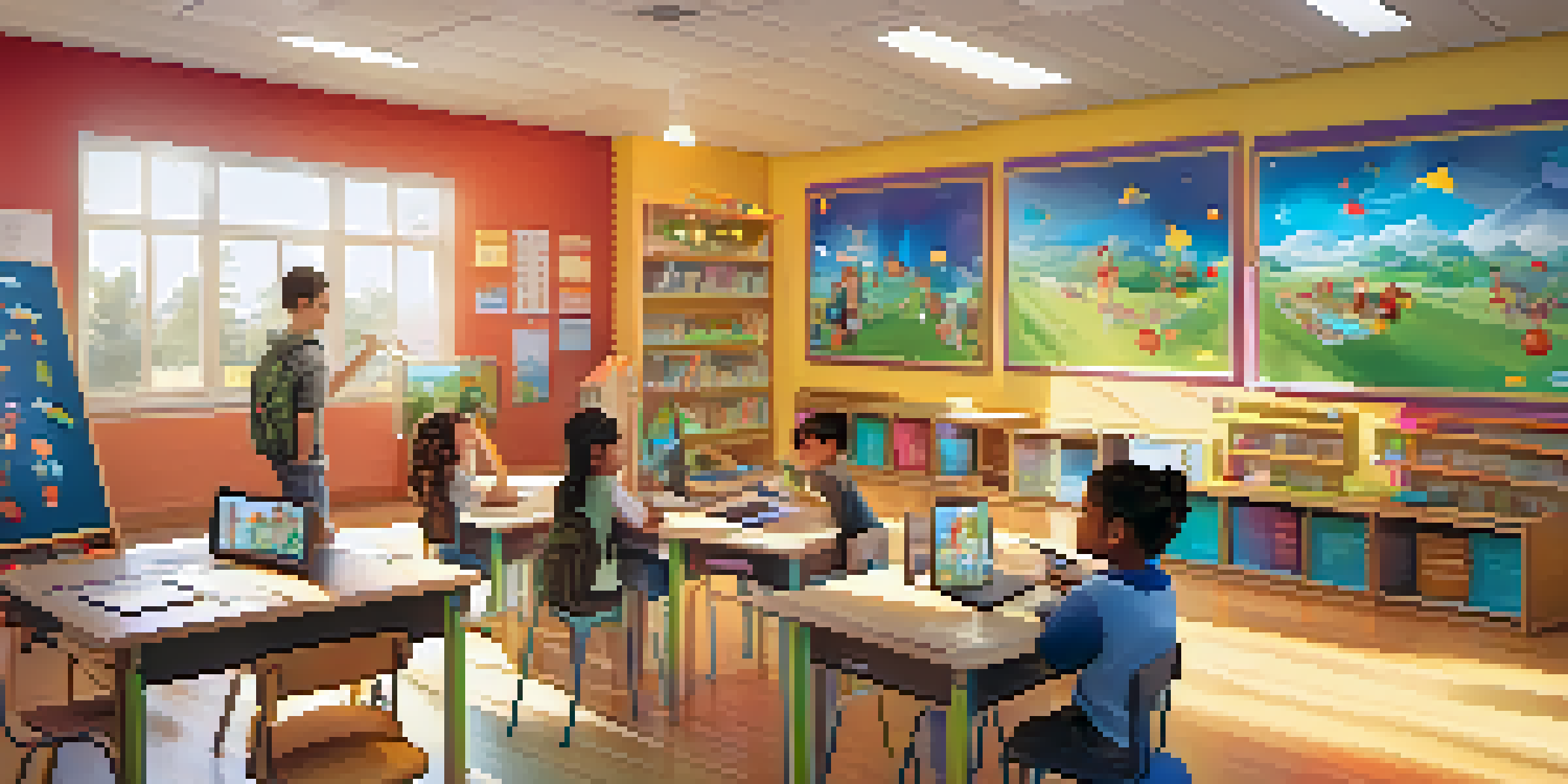 A lively classroom where students are actively participating in gamified learning activities, with bright colors and natural light enhancing the environment.