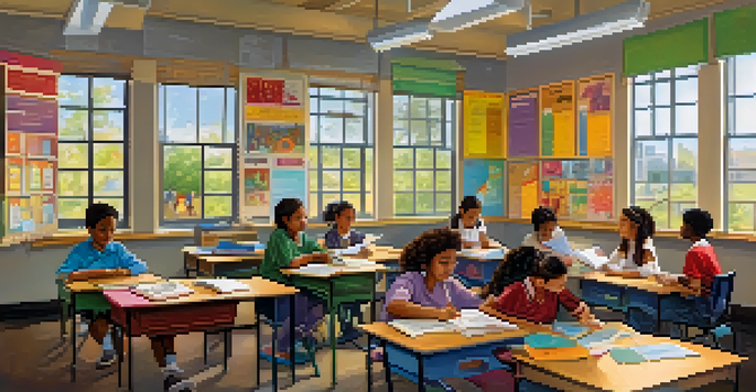 A diverse classroom with students collaborating on a project, featuring colorful decorations and natural light.