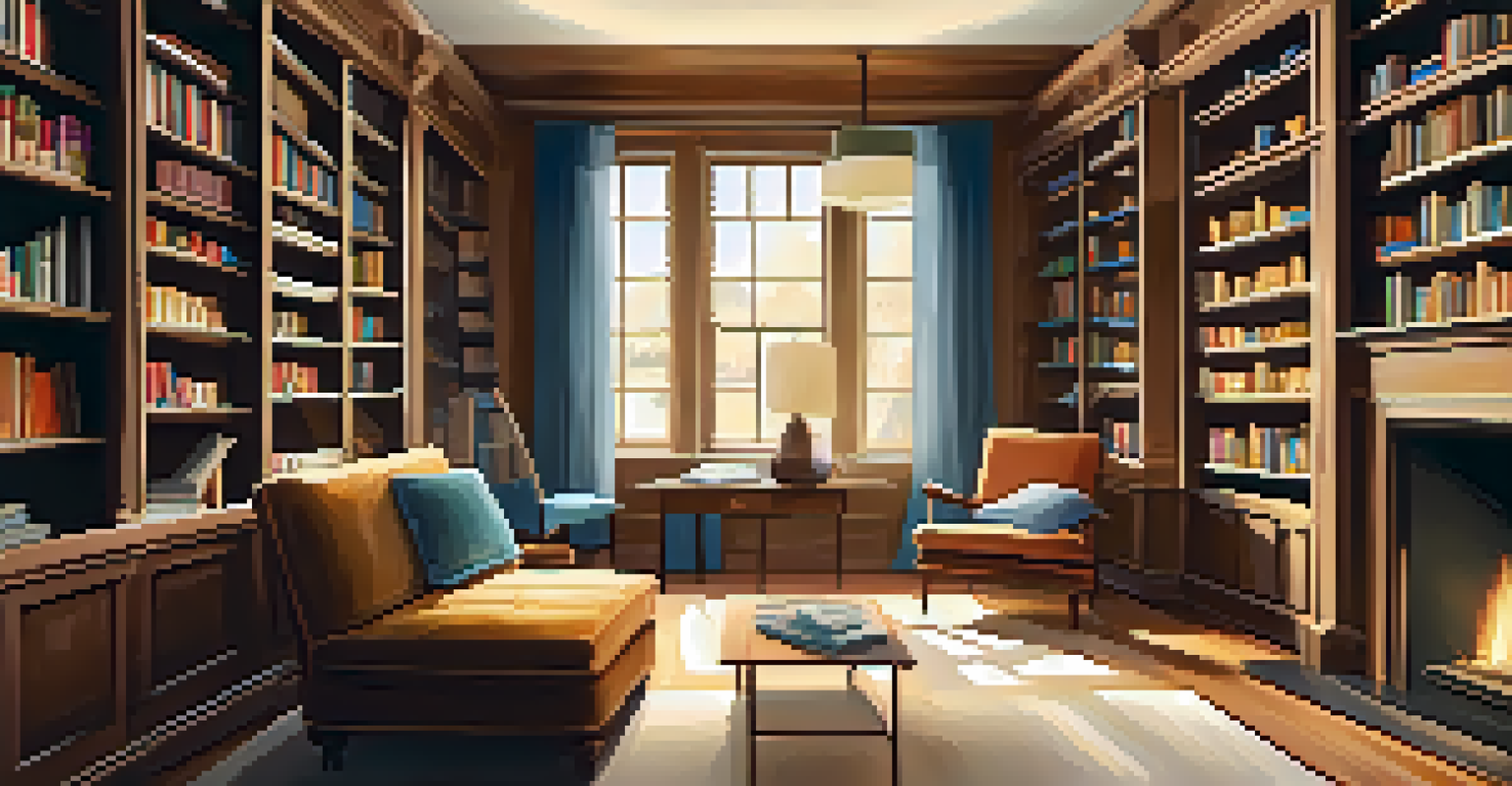 A cozy study room with bookshelves, an armchair, and a side table with a lamp, illuminated by soft light from a window.