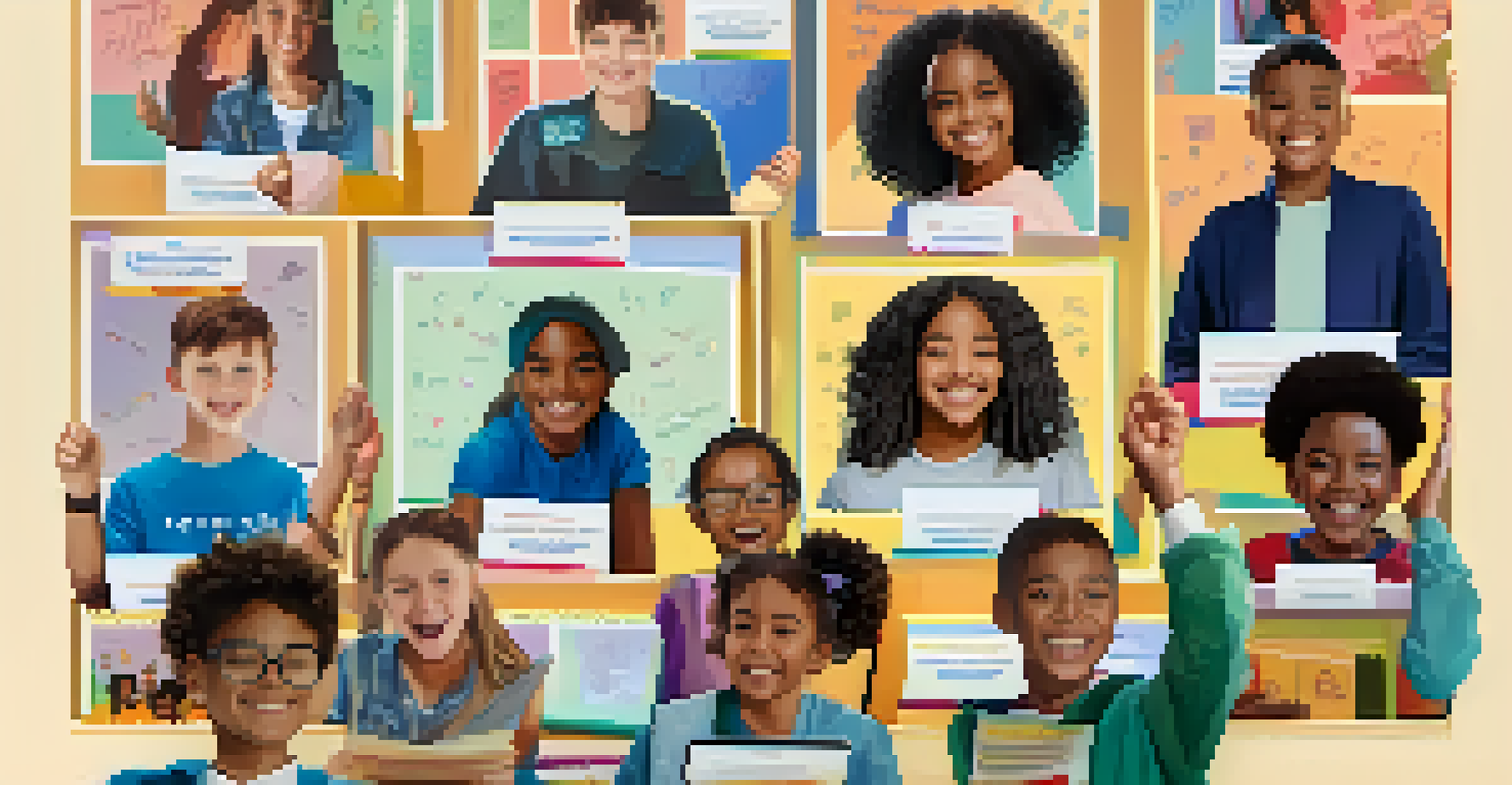 Students celebrating achievements in a virtual classroom, with a digital wall of fame displaying their accomplishments.