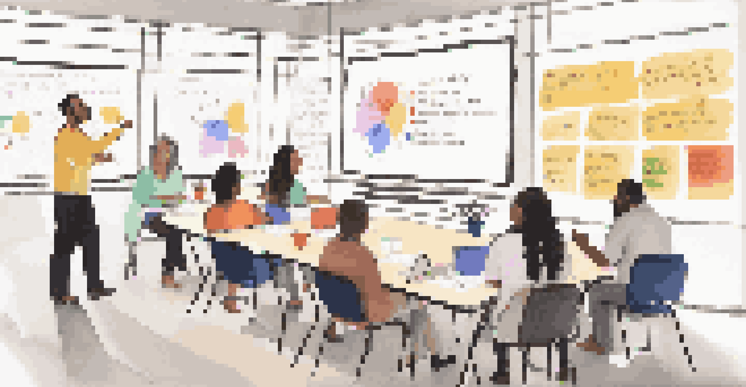 A diverse group of teachers in a workshop, sharing ideas on inclusive education practices, with colorful notes on a whiteboard and an atmosphere of collaboration.