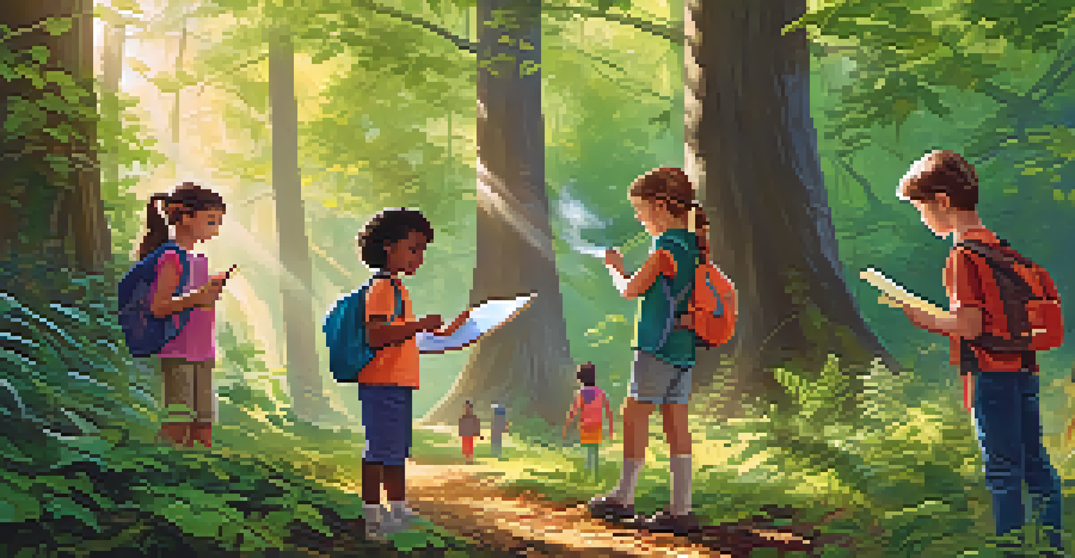Children exploring a forest on a scavenger hunt, pointing at various natural items with sunlight filtering through the trees.