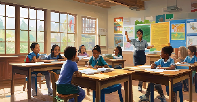 A bright and colorful classroom with children learning together, a teacher encouraging a student, and sunlight streaming through the windows.