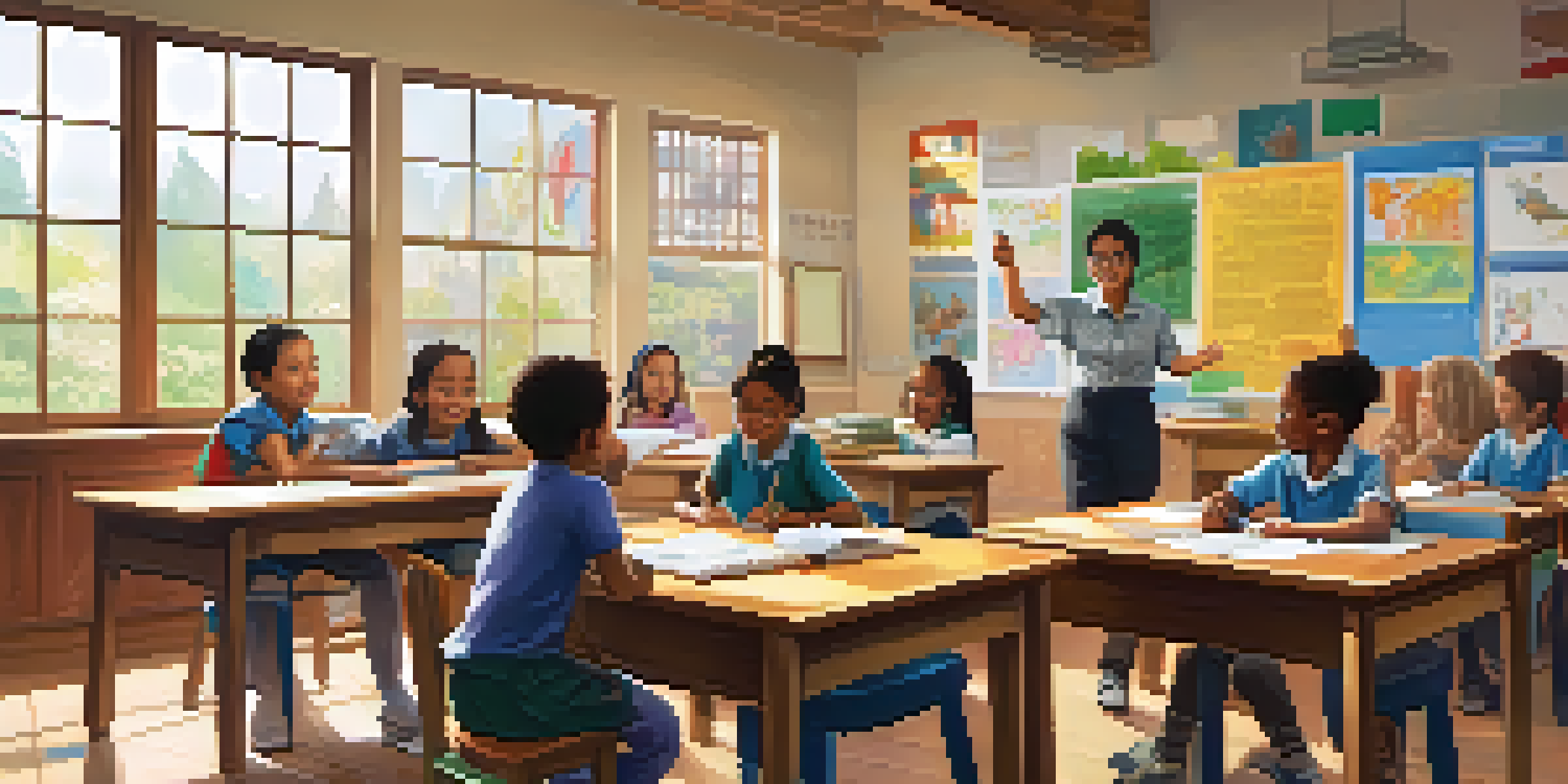 A bright and colorful classroom with children learning together, a teacher encouraging a student, and sunlight streaming through the windows.