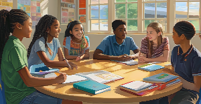 A diverse group of students in a classroom sitting in a circle, sharing ideas and engaging in discussion about equity, with colorful educational posters on the walls and sunlight streaming through the windows.