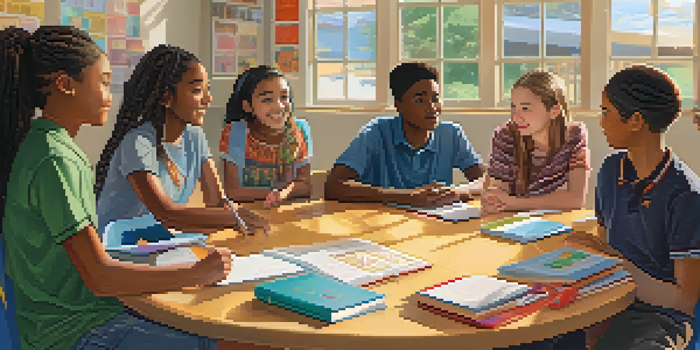 A diverse group of students in a classroom sitting in a circle, sharing ideas and engaging in discussion about equity, with colorful educational posters on the walls and sunlight streaming through the windows.