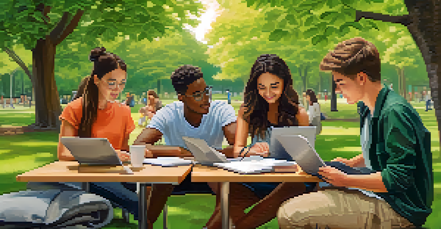 College students in a park setting, engaging in collaborative learning with technology, emphasizing a blend of nature and education.