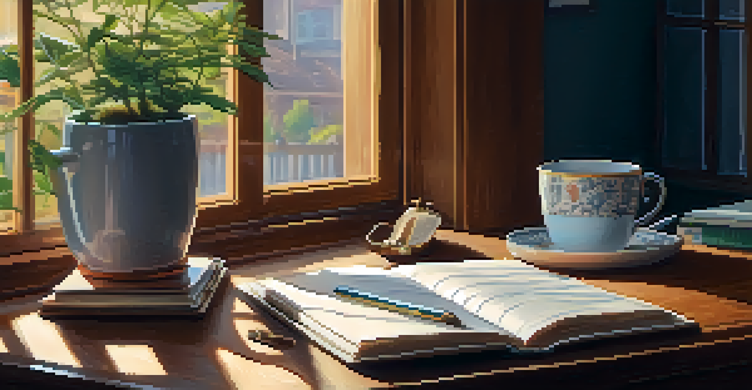 A person journaling at a wooden table by a window, with a cup of tea and a small plant nearby.