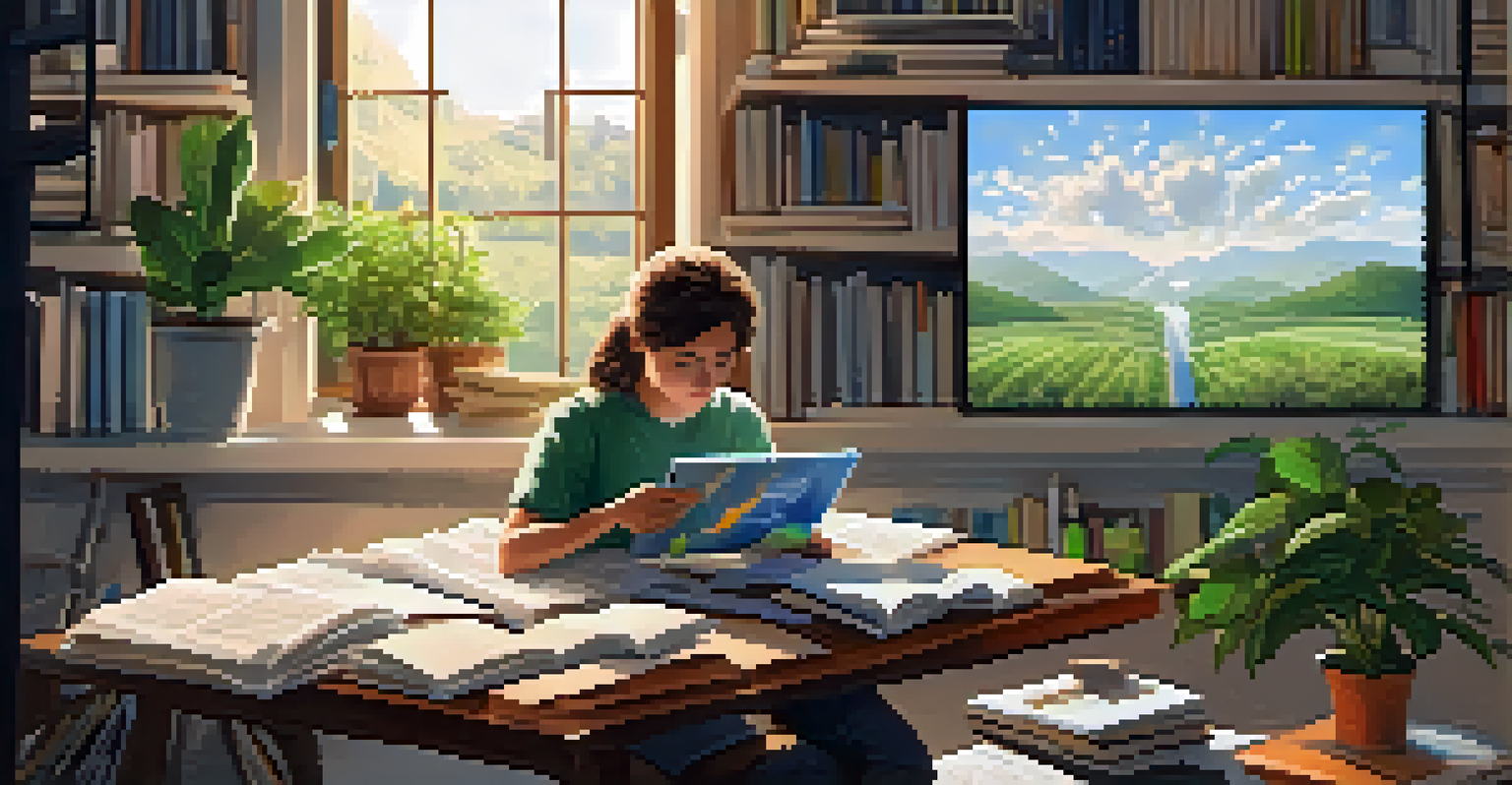 A student sitting at a desk at home, watching a documentary about climate change on a tablet, with books and plants around them, creating a warm and educational atmosphere.