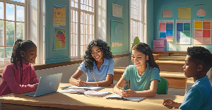A diverse group of students in a classroom, engaged in a mentorship session with a mentor guiding a young woman at a round table, surrounded by attentive peers and bright sunlight.