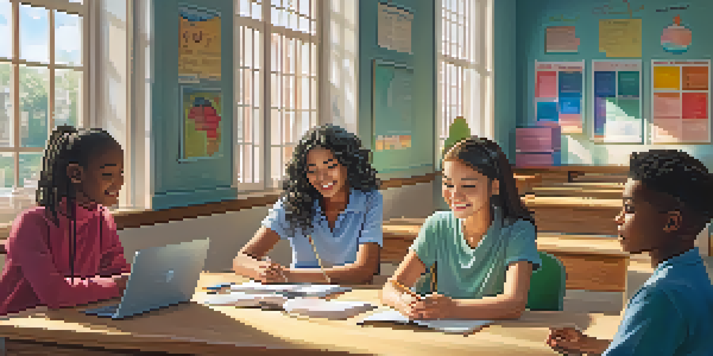 A diverse group of students in a classroom, engaged in a mentorship session with a mentor guiding a young woman at a round table, surrounded by attentive peers and bright sunlight.