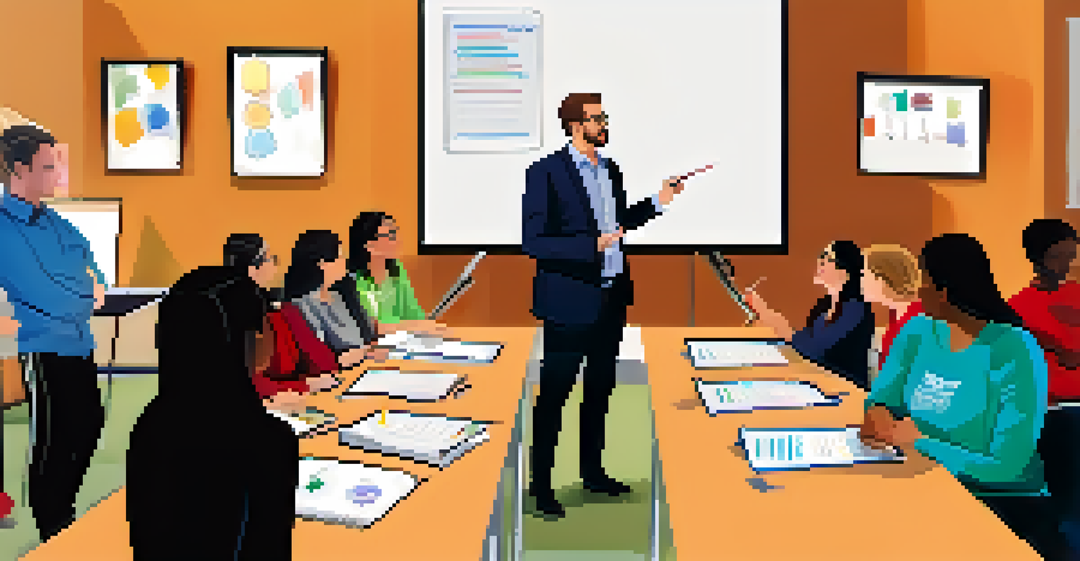 A school leader presenting to a group of attentive teachers in a modern workshop setting.