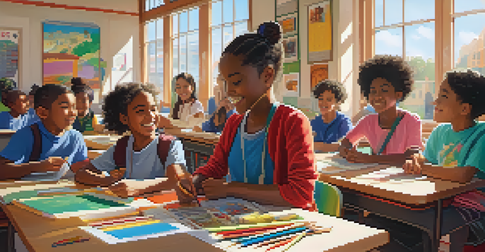 A diverse group of students working together on a project in a colorful classroom, with cultural posters on the walls and sunlight streaming in.