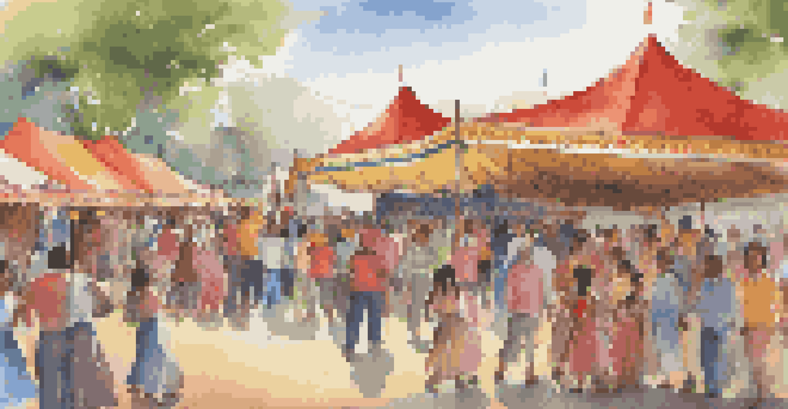Students showcasing cultural projects at a vibrant community festival with colorful tents and activities.