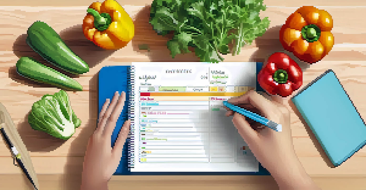 A student's hands writing a meal plan with fresh vegetables and grains surrounding the notepad and a laptop in the background.