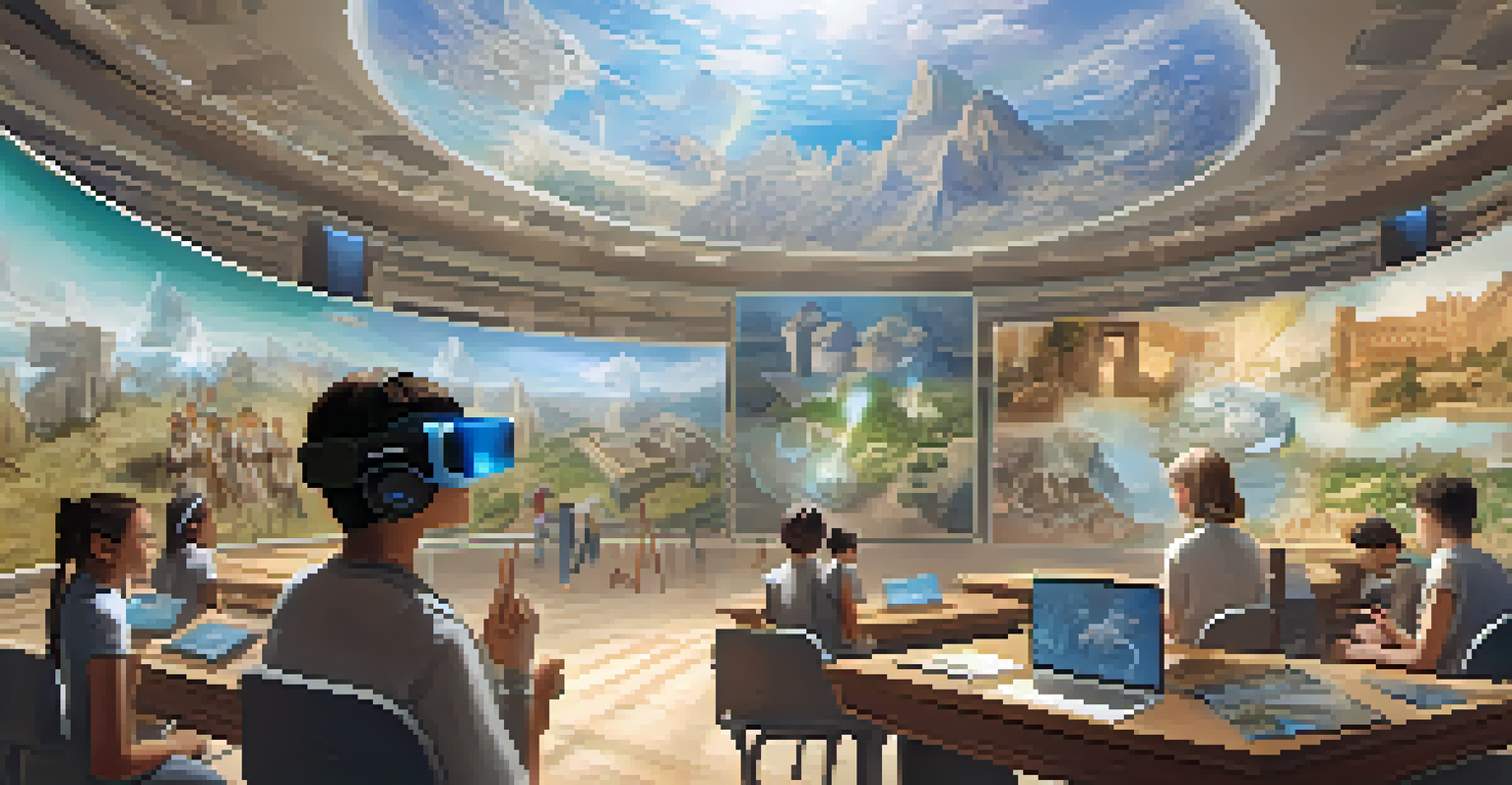 Students using virtual reality headsets in a high-tech classroom, exploring historical sites with holographic displays and interactive elements.
