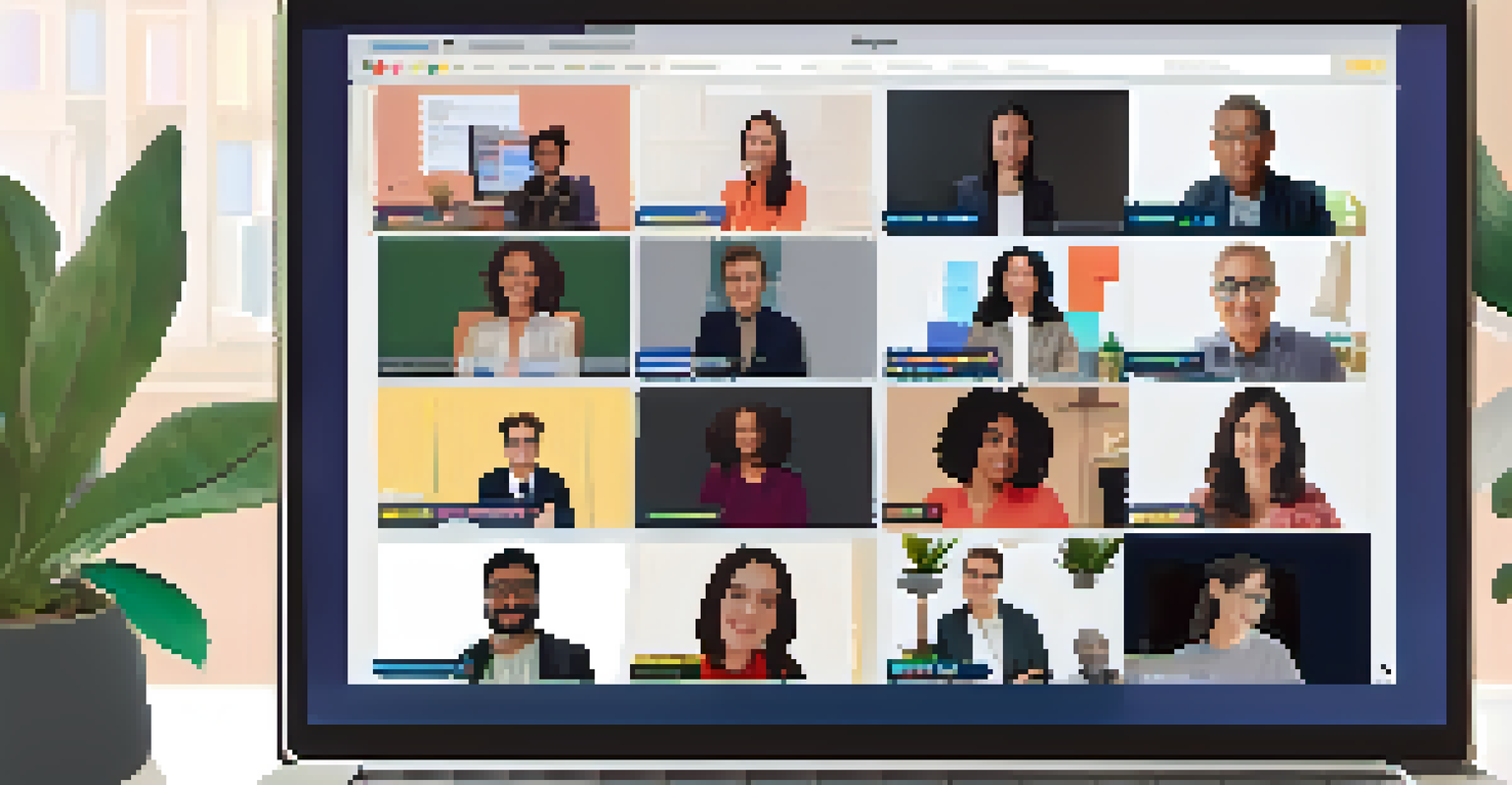 A laptop displaying a virtual webinar with multiple participants engaged in discussion, set in a cozy room with soft lighting.