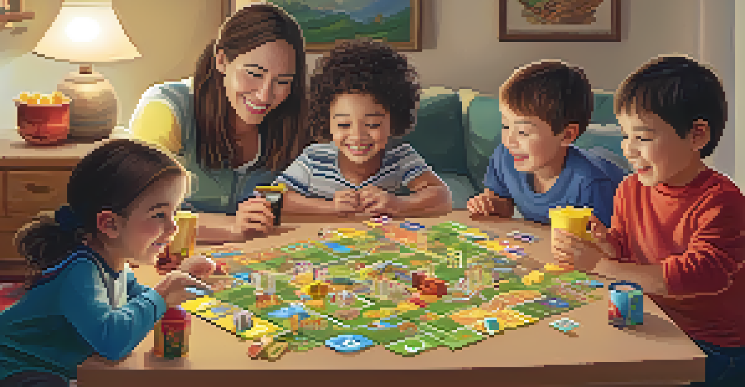 A family enjoying a board game night in a cozy living room, filled with smiles and snacks, highlighting playful learning.