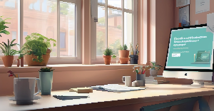 A bright modern workspace with a computer showing an online learning platform, surrounded by stationery and a coffee cup, with natural light coming through a window.