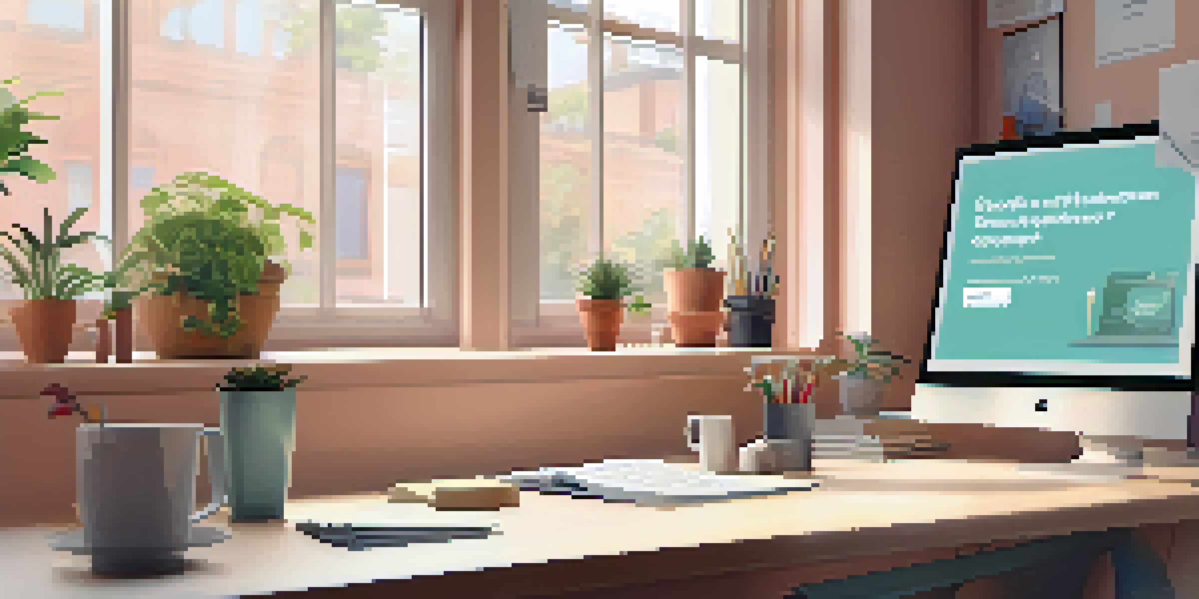 A bright modern workspace with a computer showing an online learning platform, surrounded by stationery and a coffee cup, with natural light coming through a window.