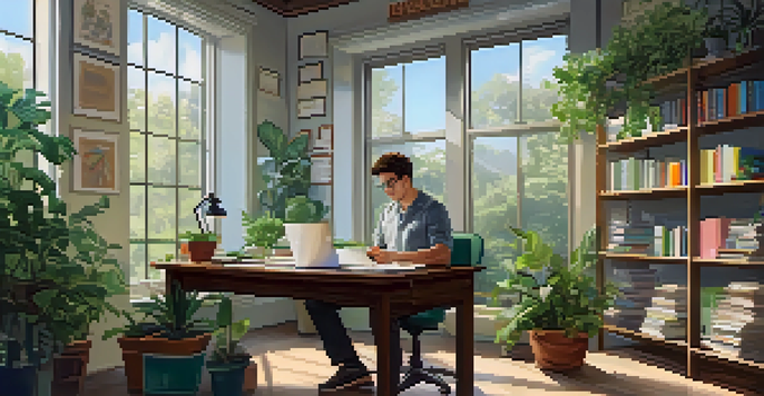 A bright and inviting office space with a person working at a desk, surrounded by books, plants, and learning materials.