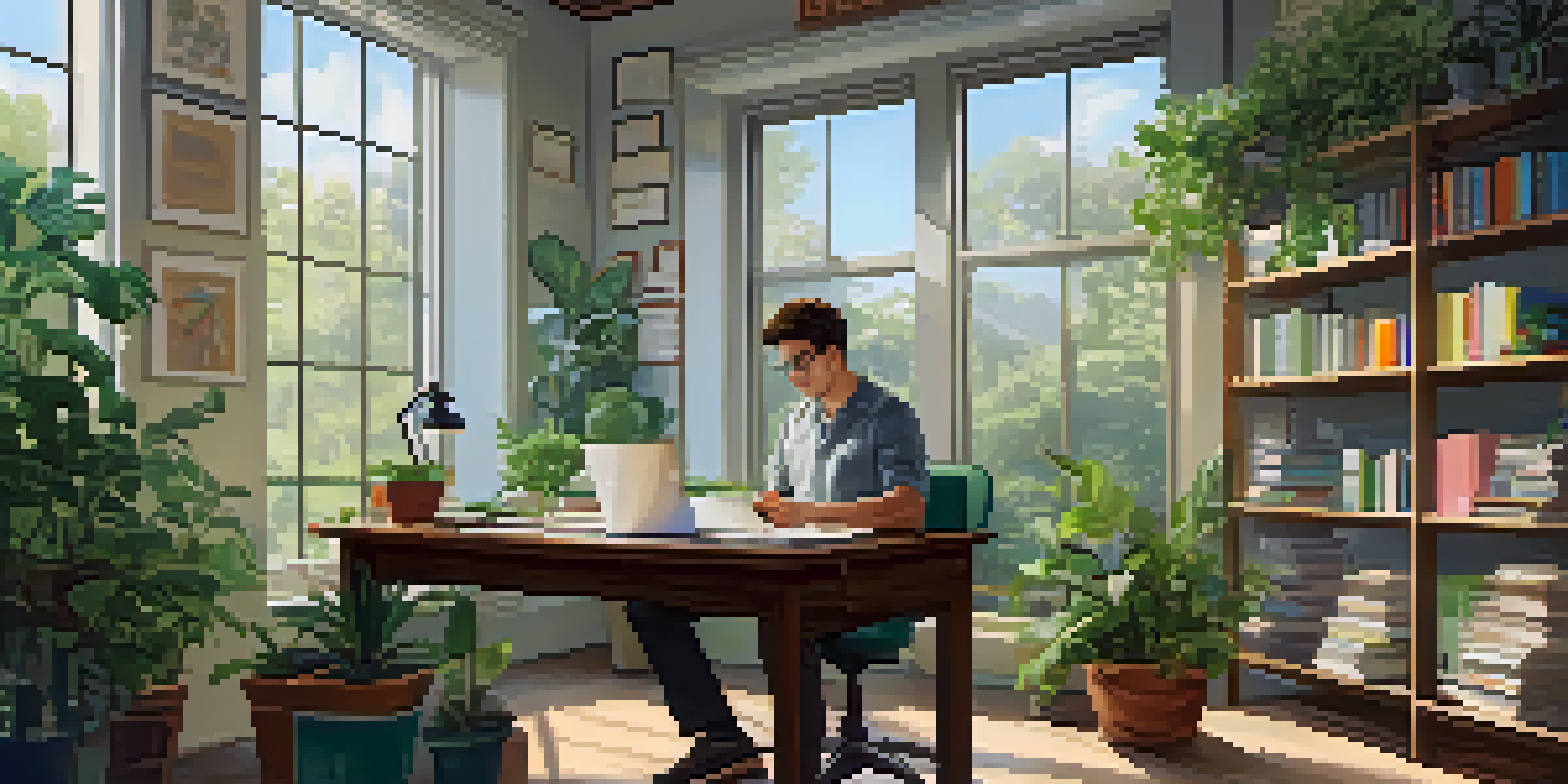 A bright and inviting office space with a person working at a desk, surrounded by books, plants, and learning materials.