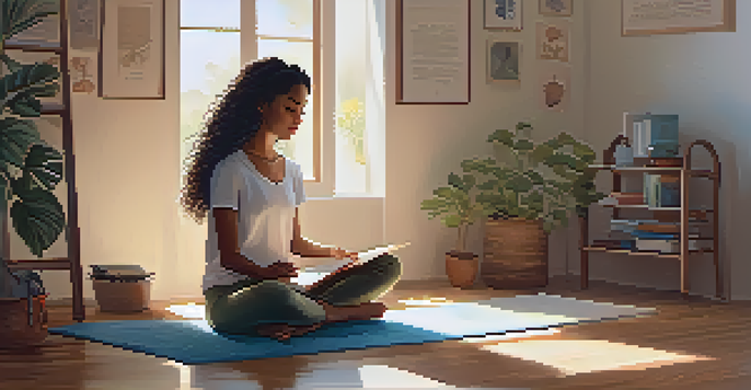 A young girl practicing mindfulness on a yoga mat in a cozy, softly lit study room filled with books and plants.