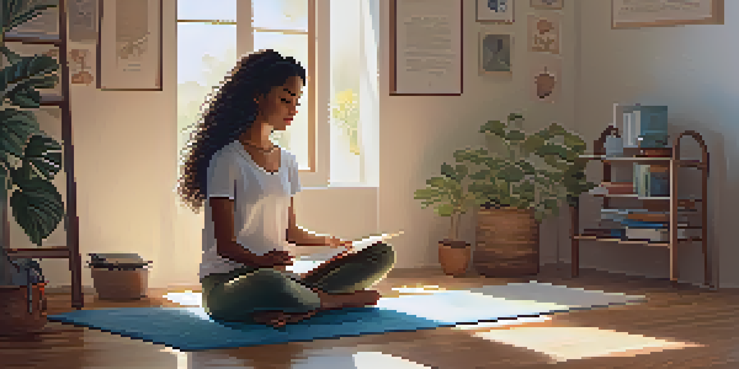 A young girl practicing mindfulness on a yoga mat in a cozy, softly lit study room filled with books and plants.