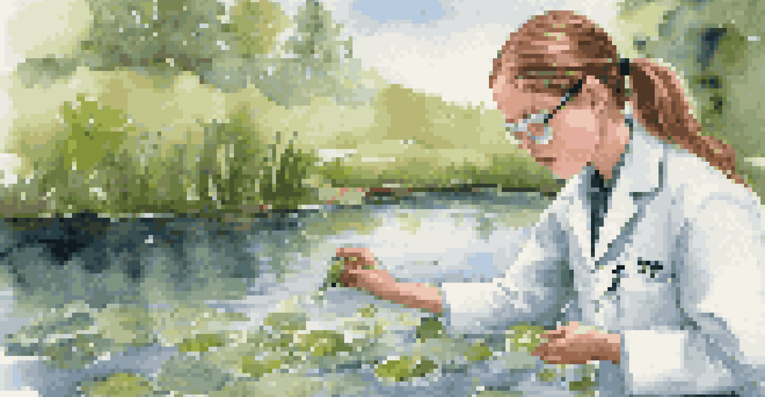 A student in a lab coat conducting a science experiment outdoors, testing water quality from a pond, surrounded by greenery and water reflections.