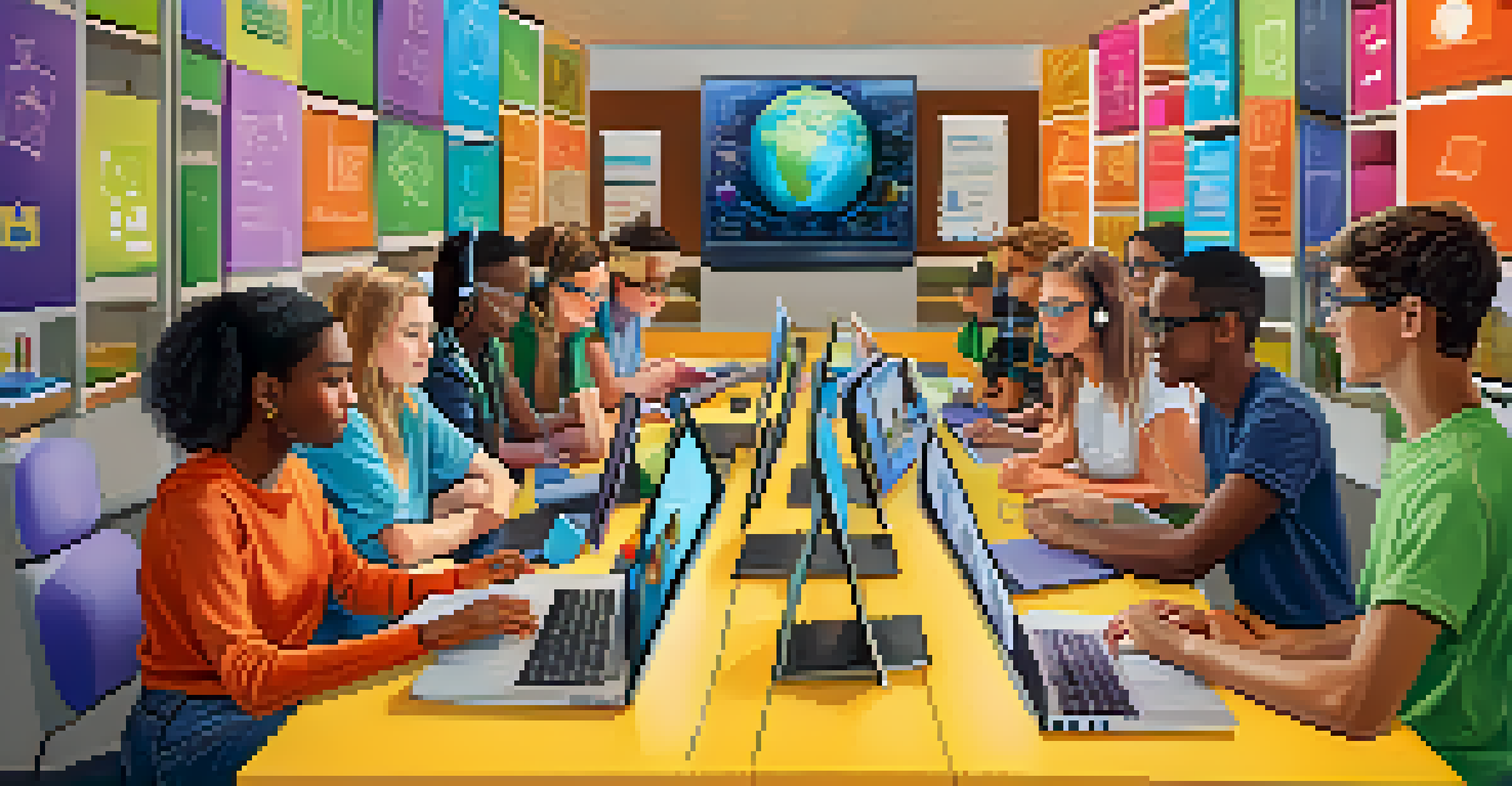 A diverse group of students represented as avatars collaborating in a virtual environment to solve a global challenge, showcasing teamwork and innovation.