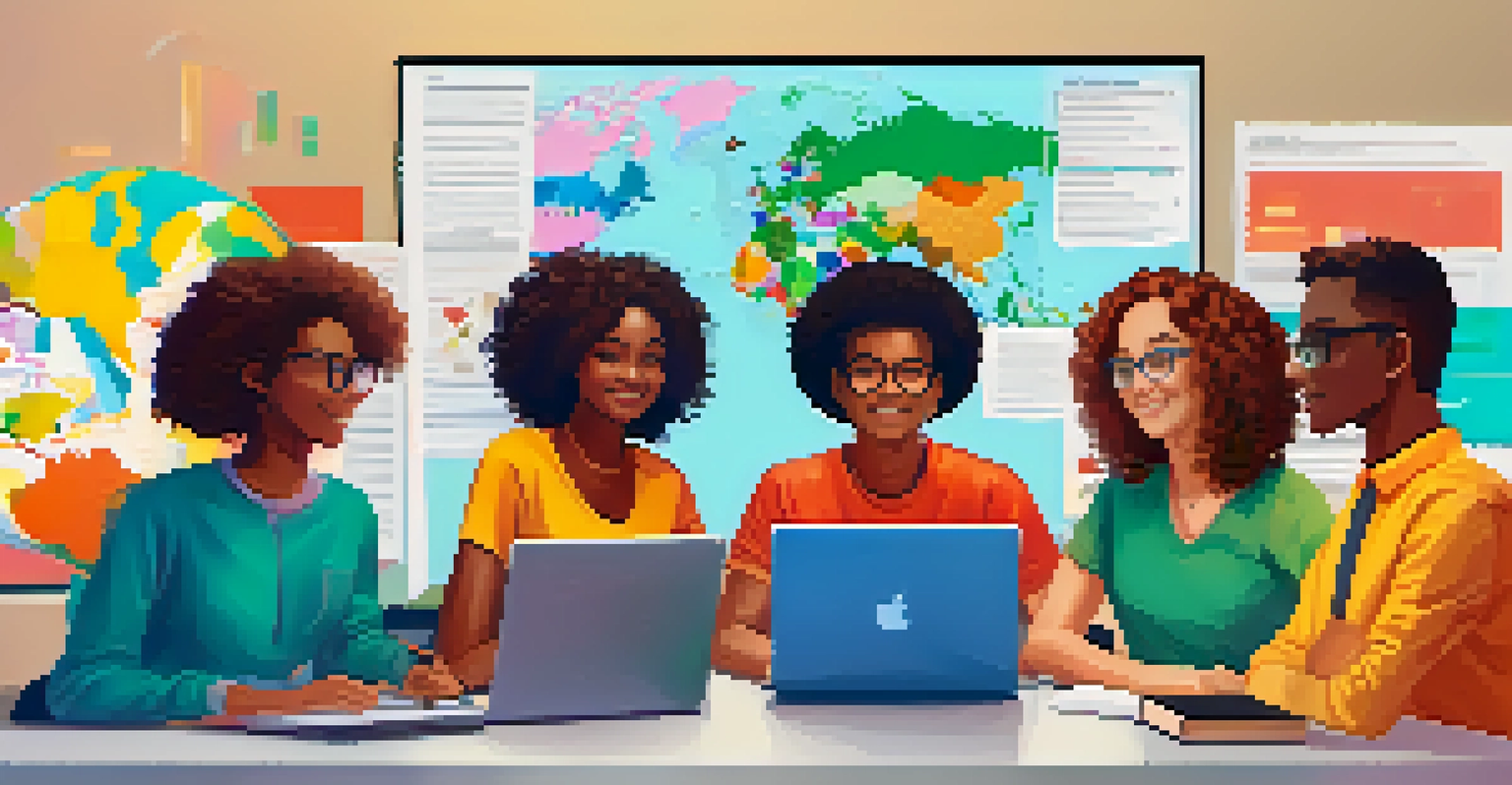 A diverse group of students participating in an online class with laptops, set against a colorful world map.