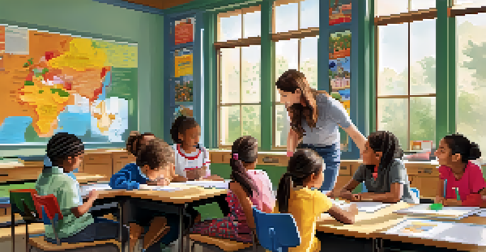 A vibrant classroom with a teacher interacting with diverse students working on a project together, surrounded by educational materials and colorful decorations.