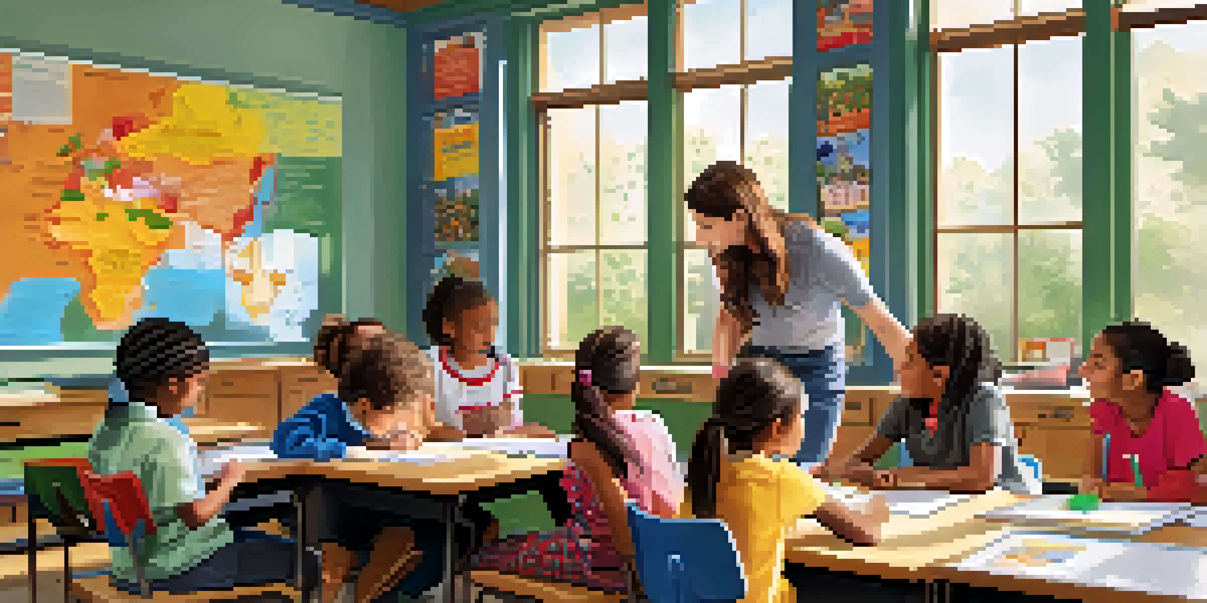 A vibrant classroom with a teacher interacting with diverse students working on a project together, surrounded by educational materials and colorful decorations.
