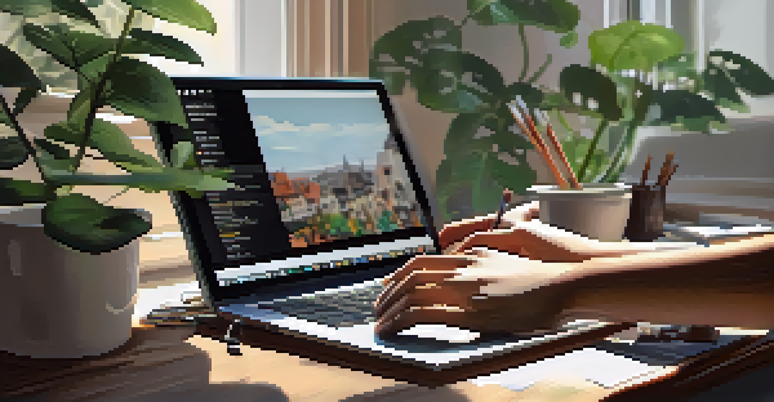 Close-up of hands typing on a laptop with an online course displayed, surrounded by coffee, notebooks, and a plant in a cozy workspace.