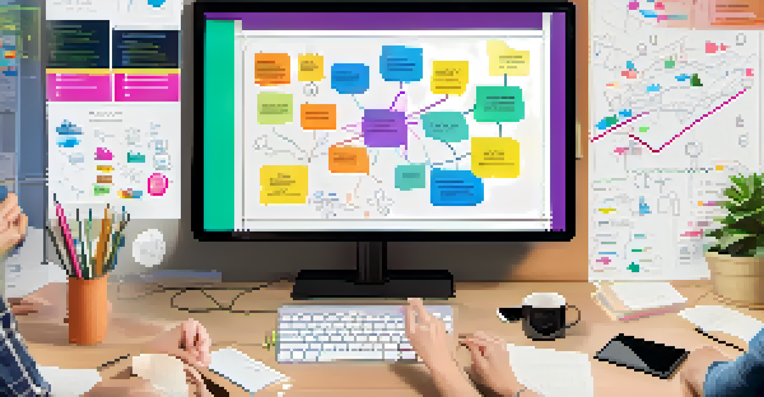 Close-up of hands using a digital whiteboard with colorful notes and diagrams in a modern tech-savvy setting.