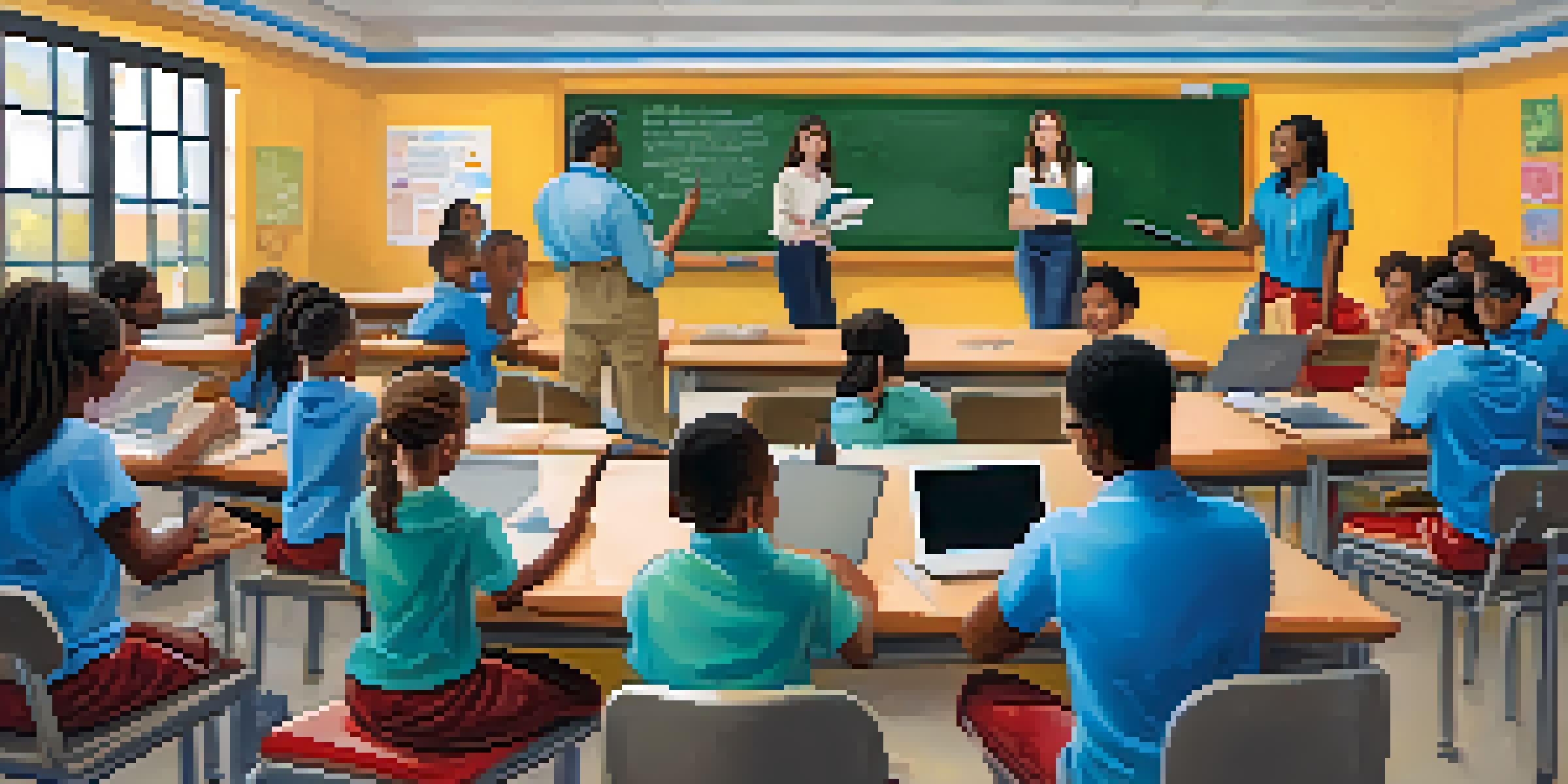 A diverse classroom with students of different backgrounds engaging with a teacher, using both traditional and modern educational tools.