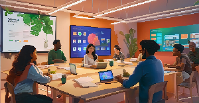 A diverse group of students collaborating in a cozy virtual classroom, working together on a digital project.