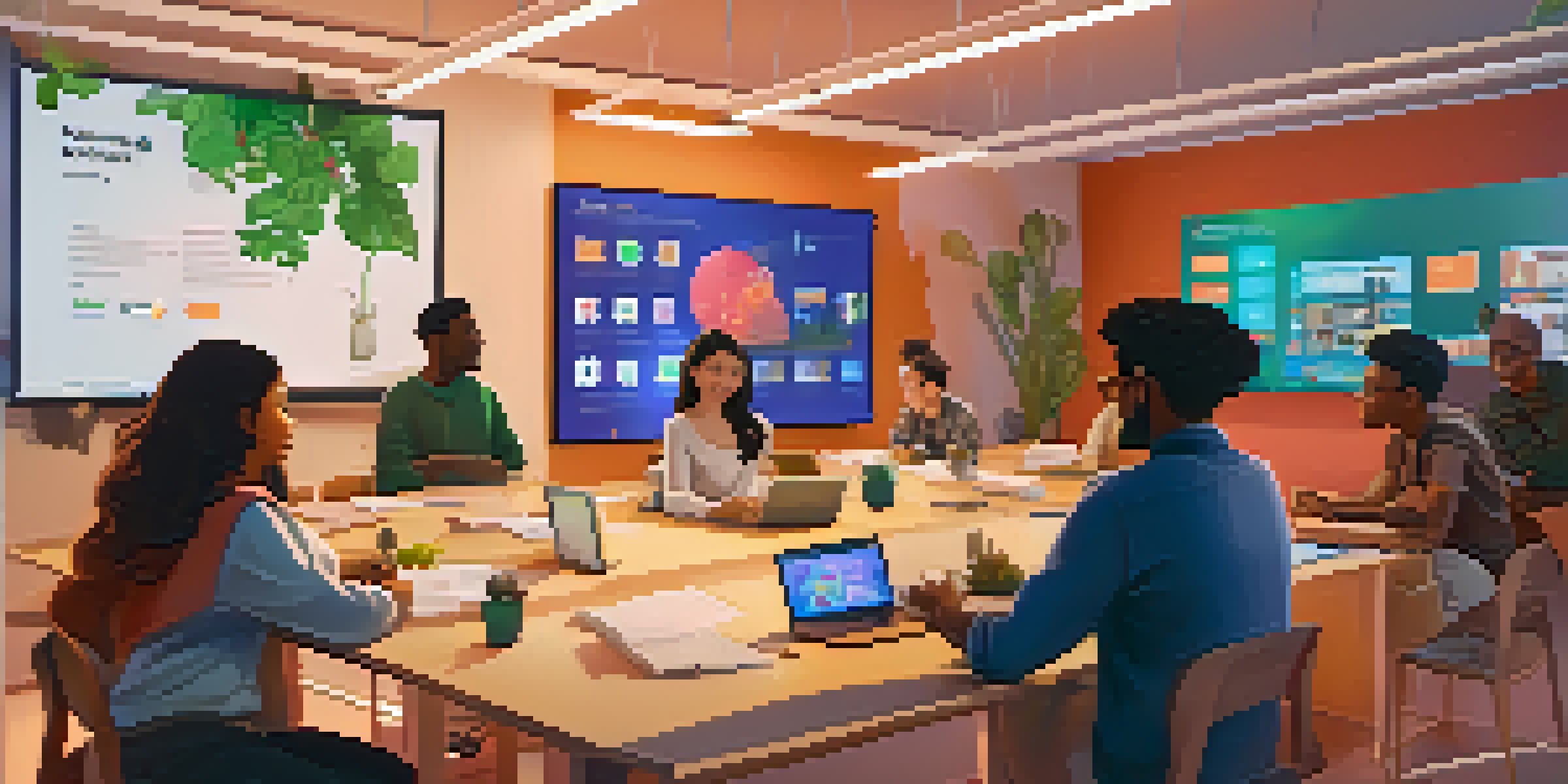 A diverse group of students collaborating in a cozy virtual classroom, working together on a digital project.