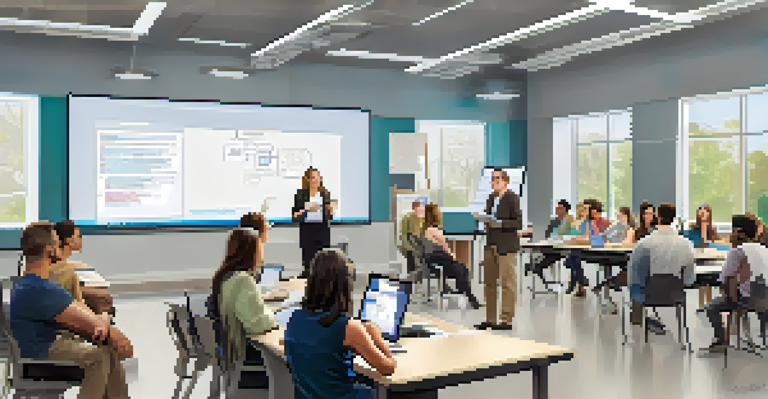 A teacher leading a technology training workshop in a bright classroom, with attentive educators engaged in learning.