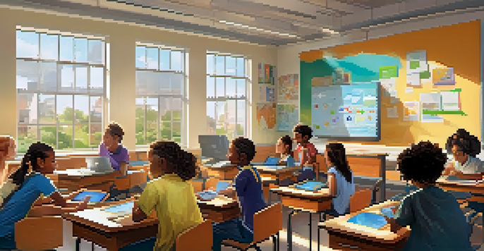 A lively classroom filled with diverse students using devices and engaging in interactive learning.