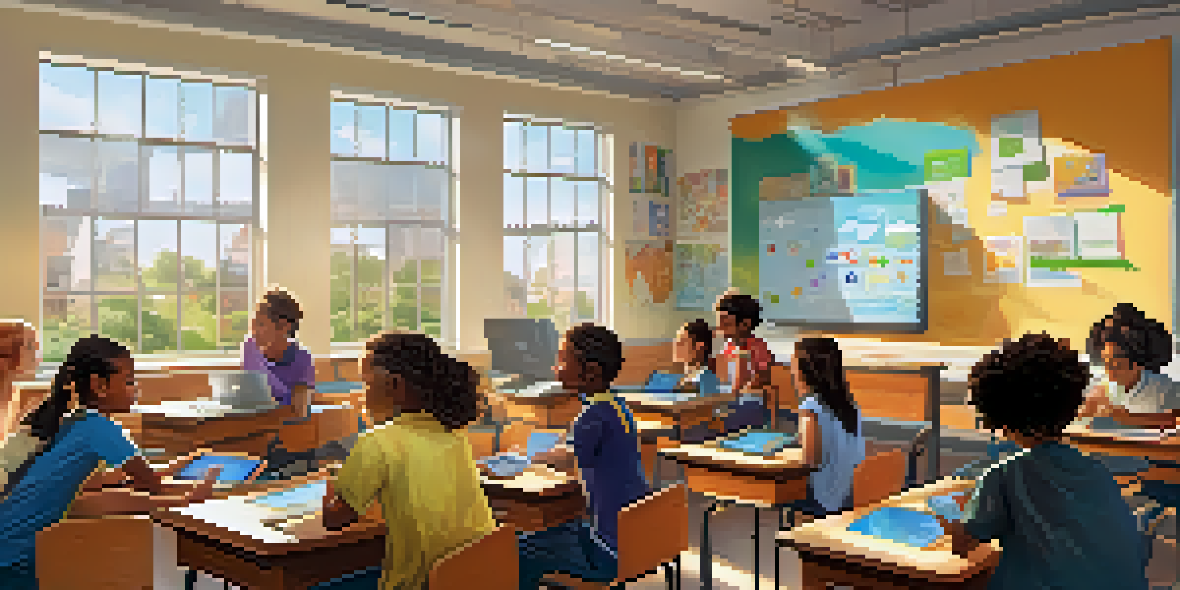 A lively classroom filled with diverse students using devices and engaging in interactive learning.