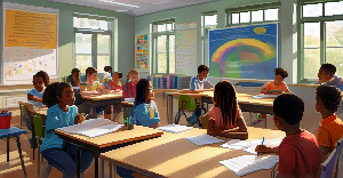 A colorful classroom with students from diverse backgrounds sitting in a circle, collaborating on a project with papers and laptops.