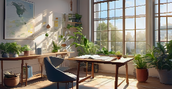 A person studying at a bright desk using a tablet for microlearning, surrounded by plants and modern decor.