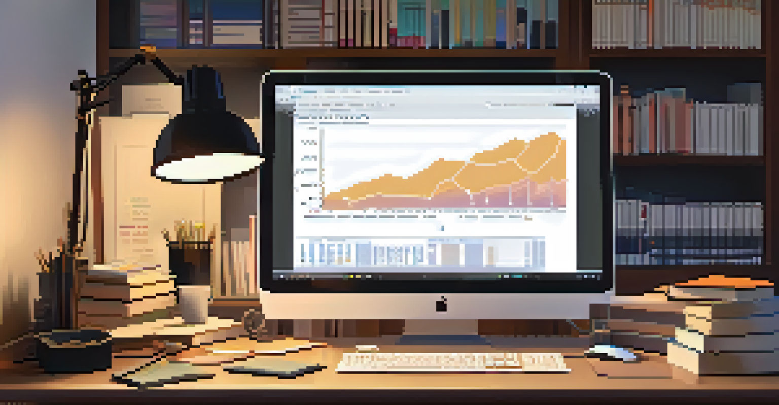 An educator surrounded by books and educational materials, analyzing data on a computer with graphs displayed, in a cozy office.