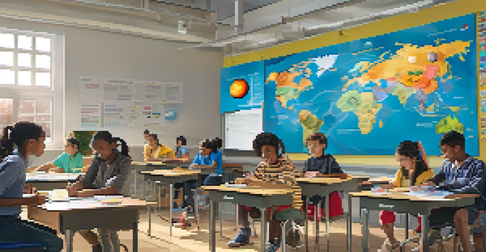 A vibrant classroom with students using augmented reality devices to explore a 3D model of the solar system, showcasing diversity and engagement.