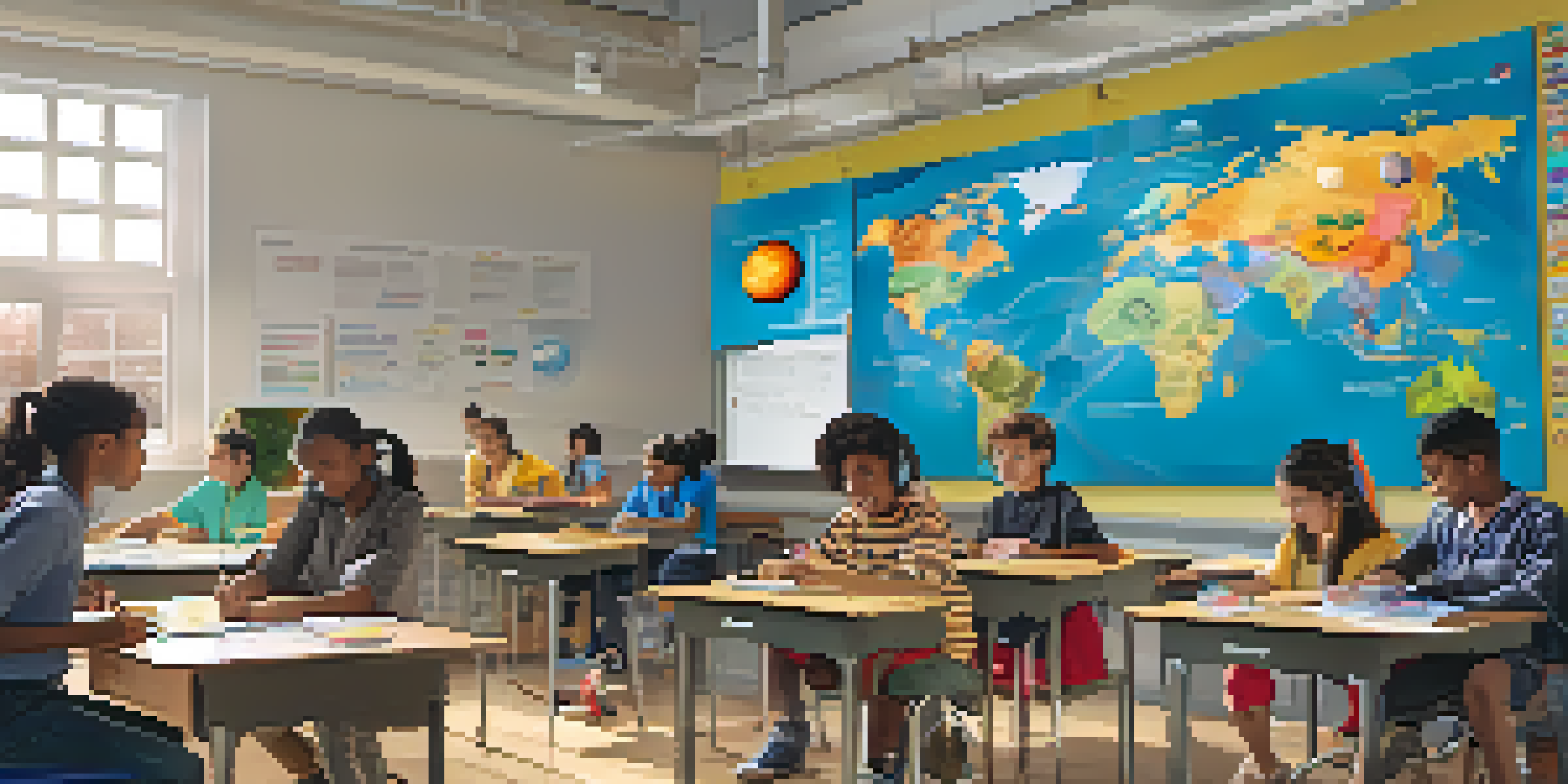 A vibrant classroom with students using augmented reality devices to explore a 3D model of the solar system, showcasing diversity and engagement.